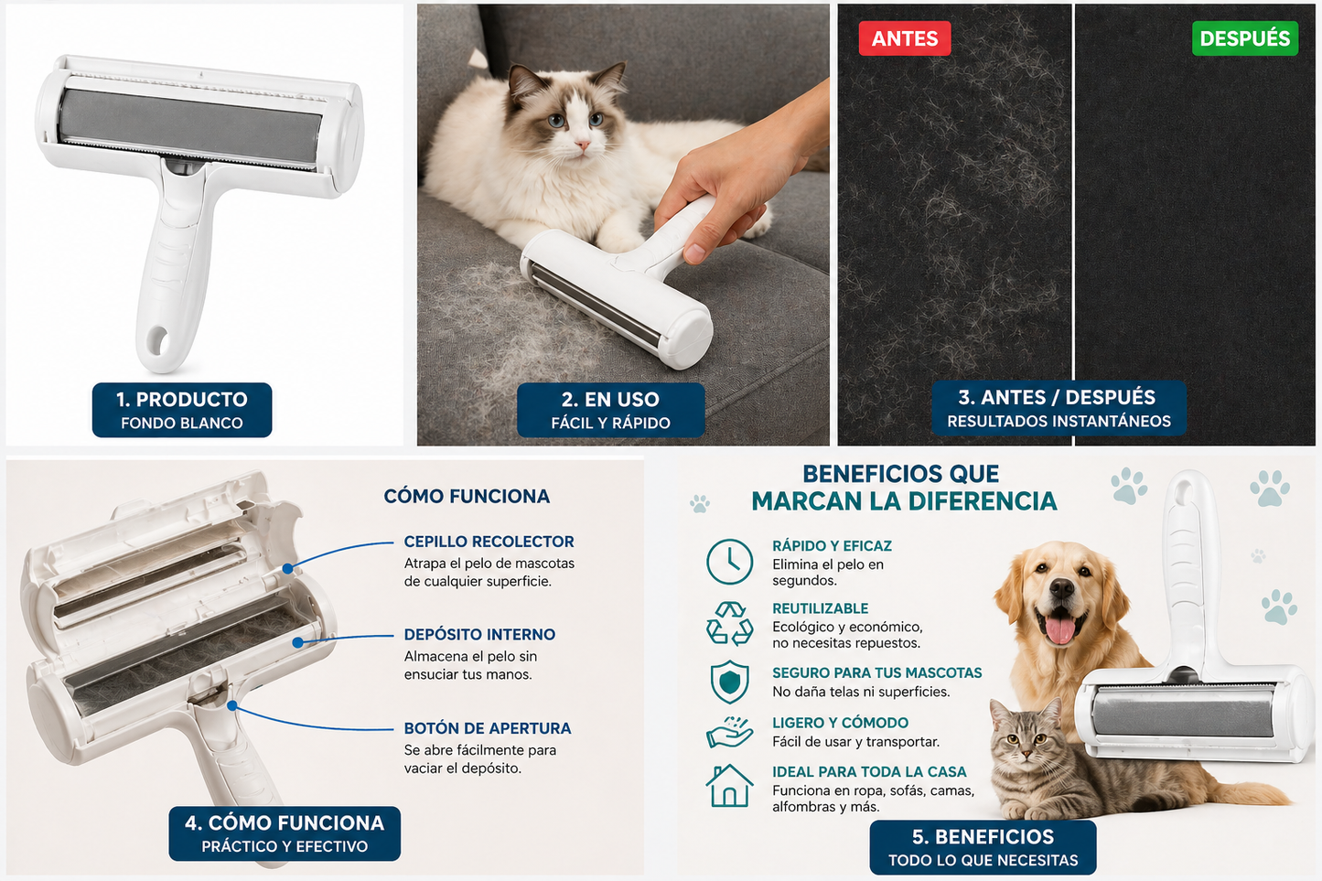 Removedor de Pelos para Mascotas – Reutilizable y Eficaz